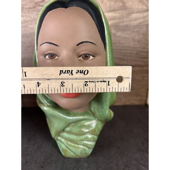 Vintage Female Head Bust Hand Painted Chalk Ware Green Head Scarf Ceramic - Picture 6 of 16